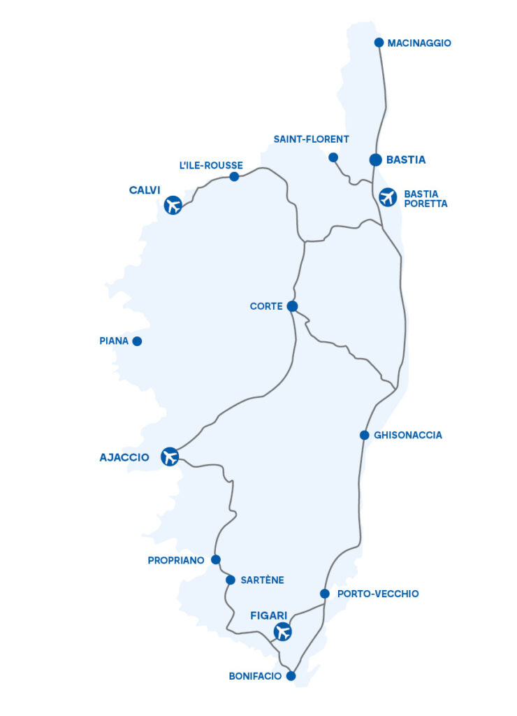 Carte de la Corse avec les axes routiers
